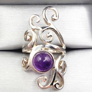 Genuine Round Bezel Set Purple Amethyst 925 Silver Swirl Design Statement Ring